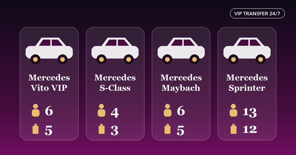 VIP Transfer 24/7 fleet: Mercedes Vito VIP, S-Class, Maybach and Sprinter